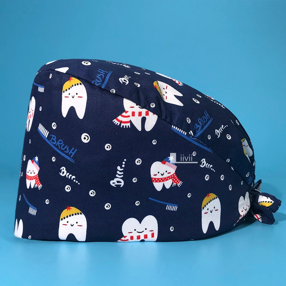Tooth Print Scrub Cap - Breathable Cotton Nursing Hat for Dental Clinics