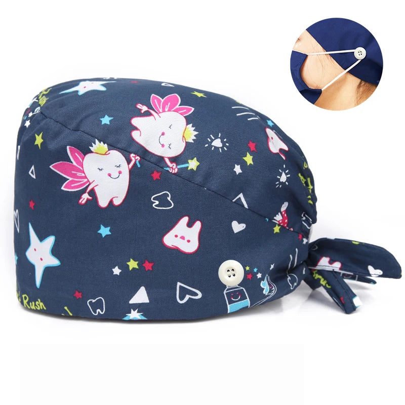 Tooth Print Surgical Scrub Caps Medical Nurse Work Hat Women Men Adjustable Nursing Doctor Dental Cap
