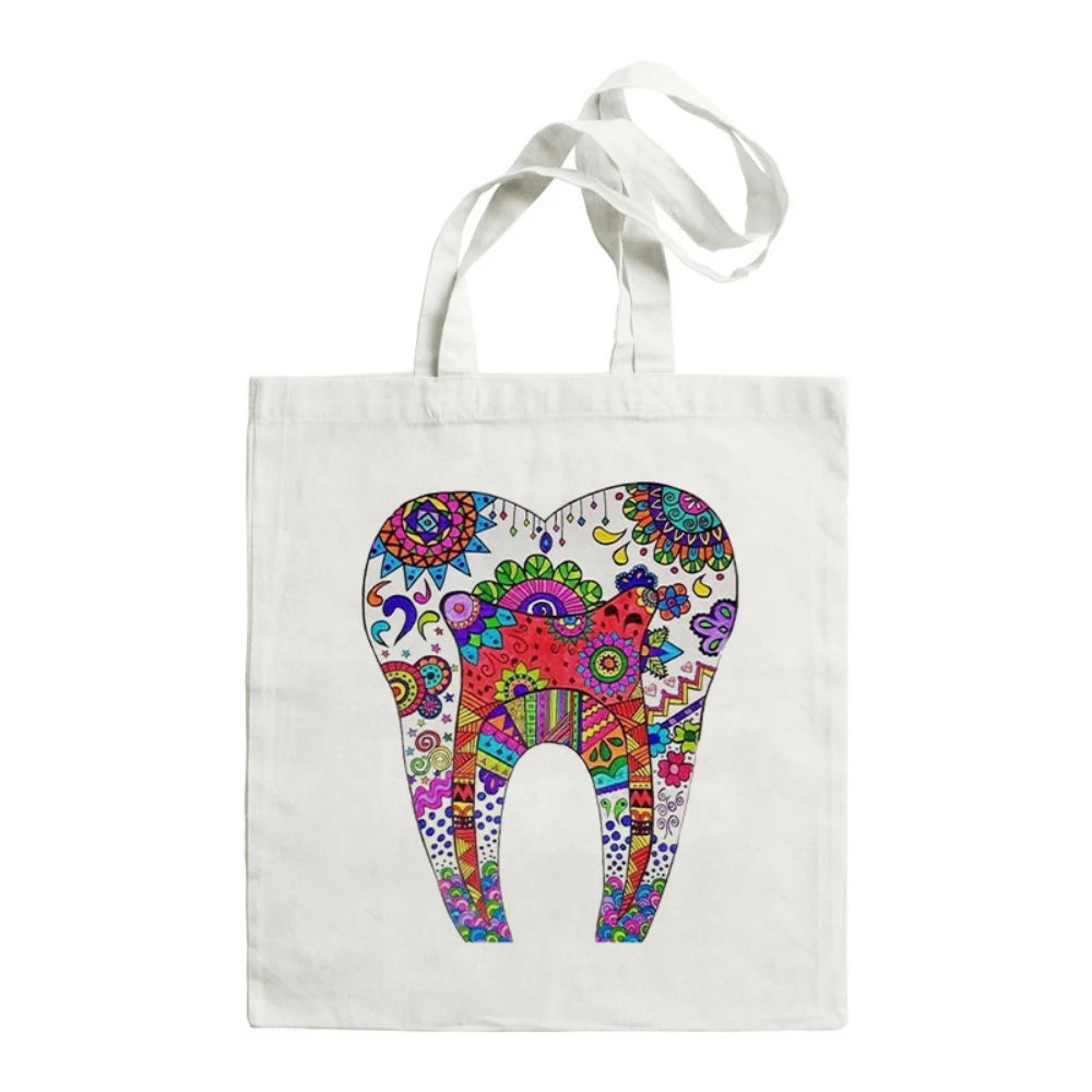 Cartoon Tooth Pattern Pattern Canvas Tote Bag - Dental Clinic Activity Gift Caring for Teeth Activity Bag Dentist Commut Handbag