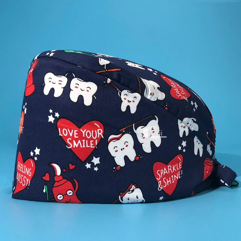 Tooth Print Scrub Cap - Breathable Cotton Nursing Hat for Dental Clinics