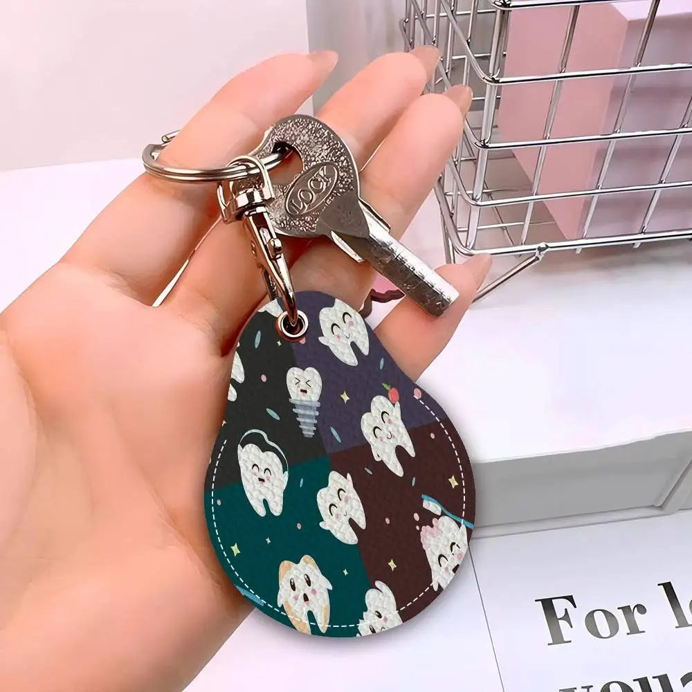 Dentist Dental Teeth Tooth Leather Access Card Holder, Water Drop Keychain, Bus Card Elevator Induction Protective Cover