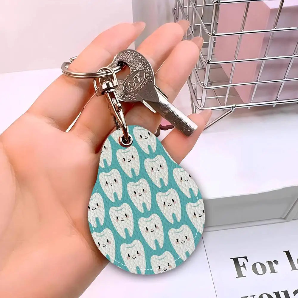 Dentist Dental Teeth Tooth Leather Access Card Holder, Water Drop Keychain, Bus Card Elevator Induction Protective Cover