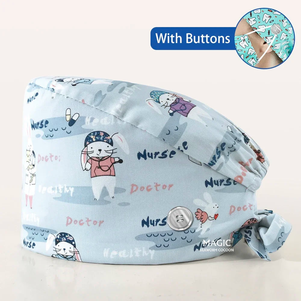 Tooth Printing Adjustable medical Hats Dental Hospital Scrubs Caps Unisex Tie Back Cartoon Scrubs Hats Health nursing Work Hats