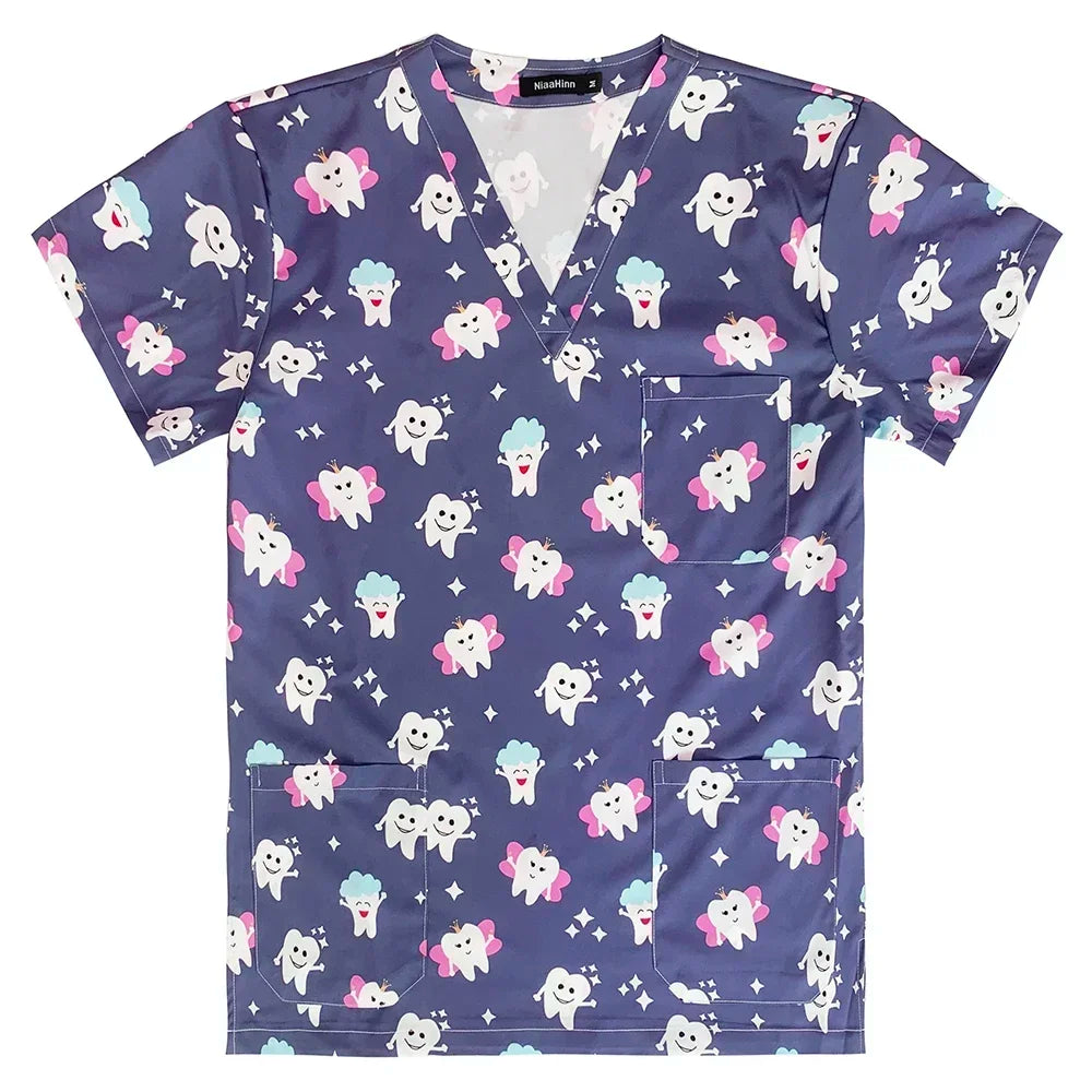 Men's Work Uniform Teeth Print Dentist Comfortable Short Sleeve Scrubs V-Neck Top Clinic Pharmacy Nursing Accessories Blouse New