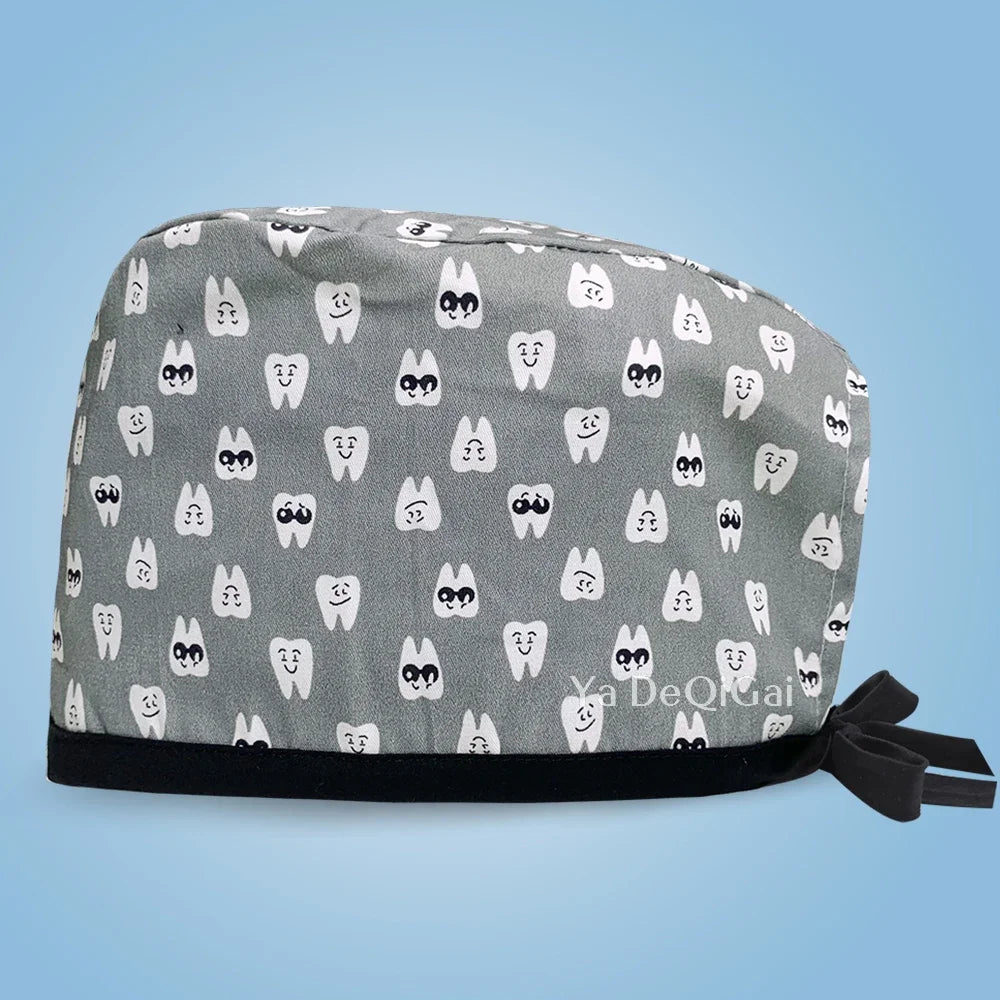 Unisex Pet Clinic Hats High Quality Tooth Print Dental Clinic Scrub Cap Breathable Medical Work Cap Cotton Nursing Hat Wholesale