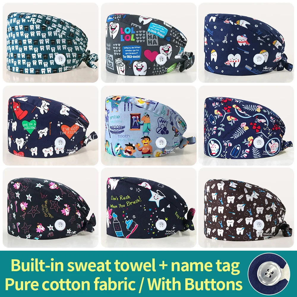Tooth Print Breathable Scrub Cap - Cotton Hat for Dental Professionals