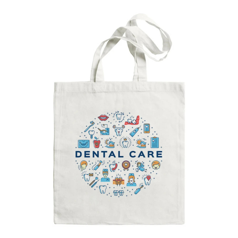 Cartoon Tooth Pattern Pattern Canvas Tote Bag - Dental Clinic Activity Gift Caring for Teeth Activity Bag Dentist Commut Handbag