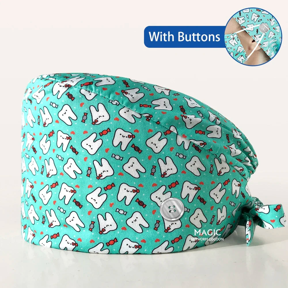 Tooth Printing Adjustable medical Hats Dental Hospital Scrubs Caps Unisex Tie Back Cartoon Scrubs Hats Health nursing Work Hats