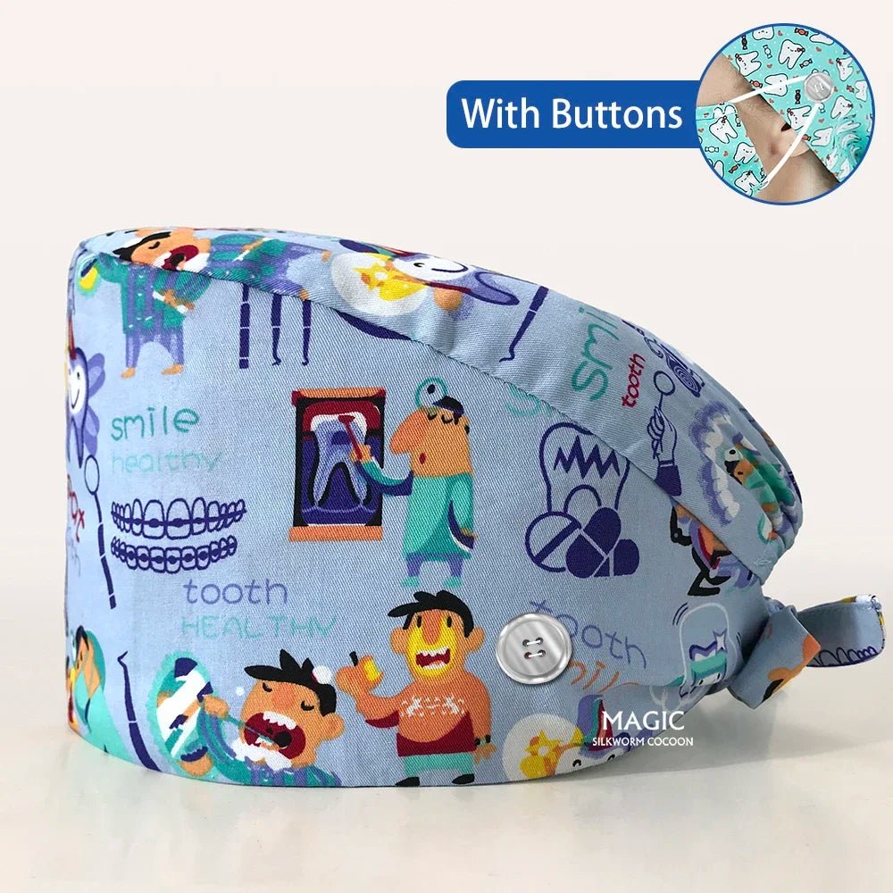 Tooth Printing Adjustable medical Hats Dental Hospital Scrubs Caps Unisex Tie Back Cartoon Scrubs Hats Health nursing Work Hats