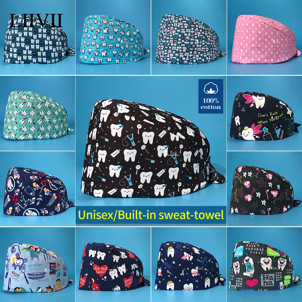 Tooth Print Scrub Cap - Breathable Cotton Nursing Hat for Dental Clinics