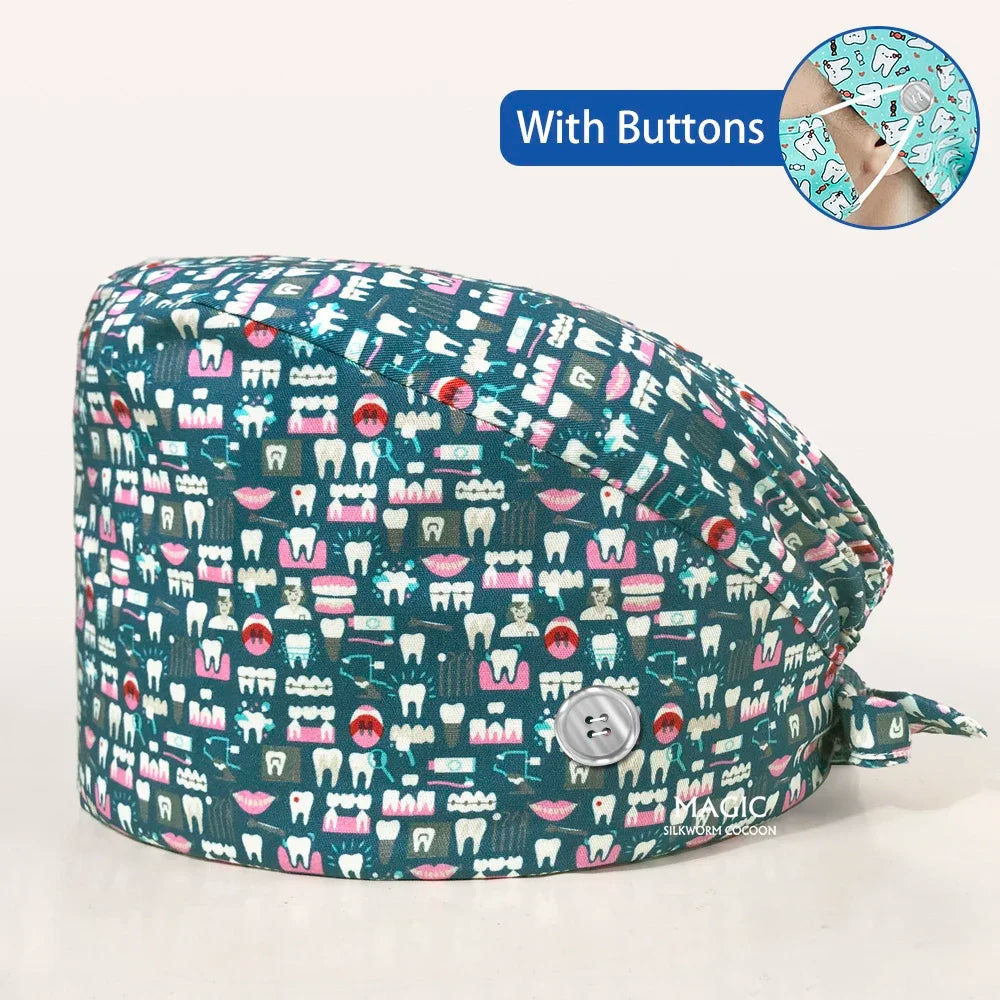 Tooth Printing Adjustable medical Hats Dental Hospital Scrubs Caps Unisex Tie Back Cartoon Scrubs Hats Health nursing Work Hats