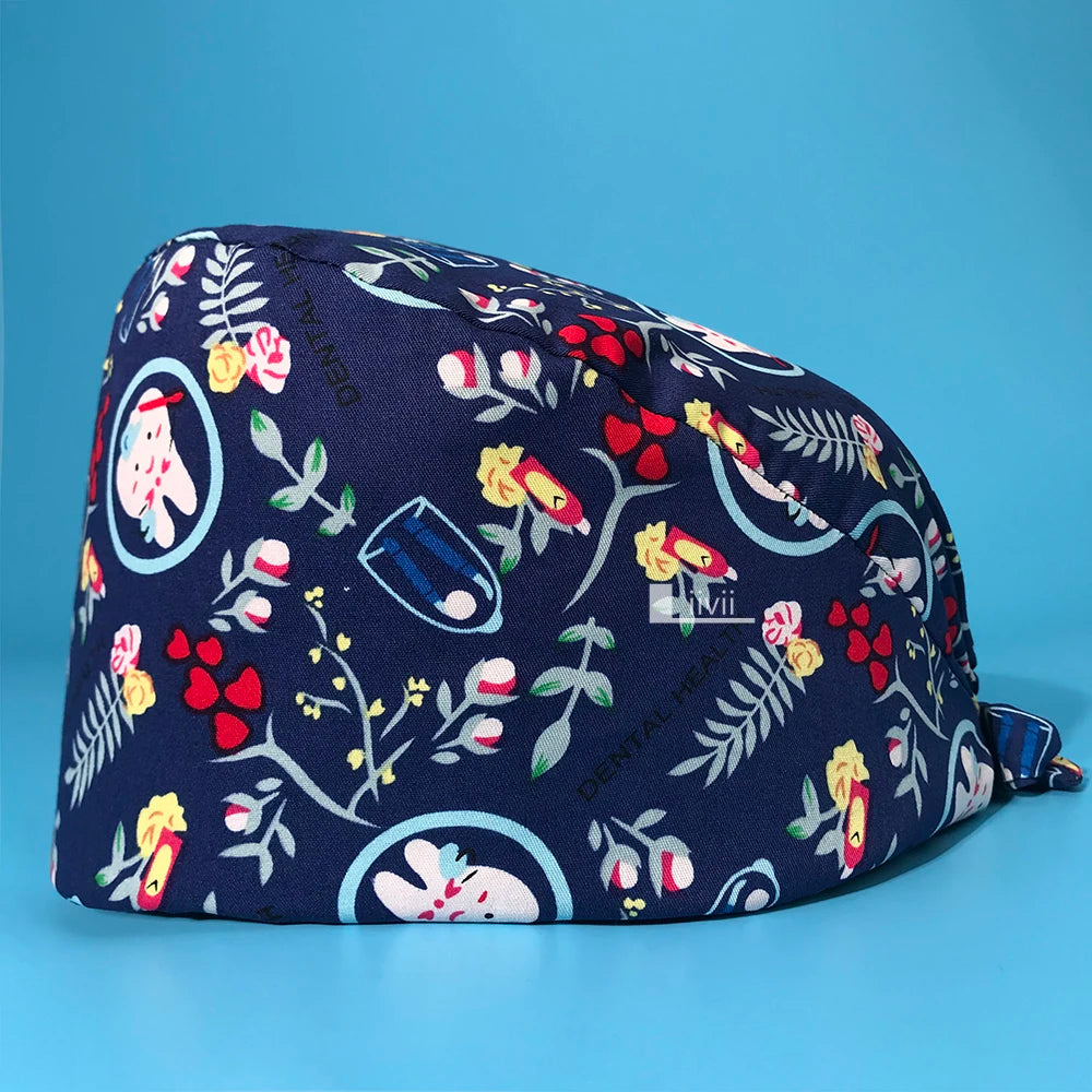 Tooth Print Scrub Cap - Breathable Cotton Nursing Hat for Dental Clinics