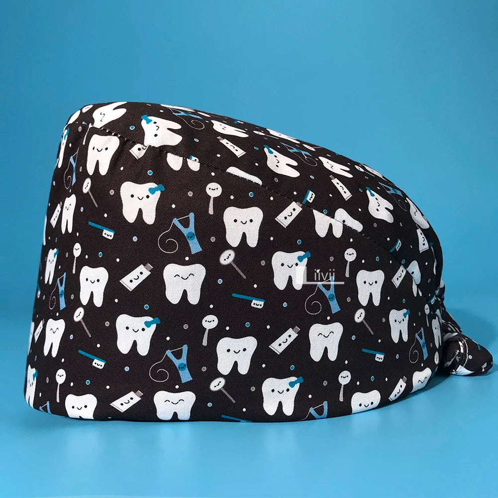 Tooth Print Scrub Cap - Breathable Cotton Nursing Hat for Dental Clinics