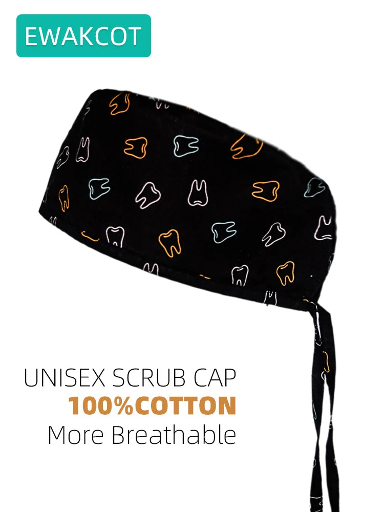 Unisex Dental Scrub cap Female male Colorful Teeth printed Cotton Breathable Dentist Working Hats Dentistry Clinic Surgical Caps
