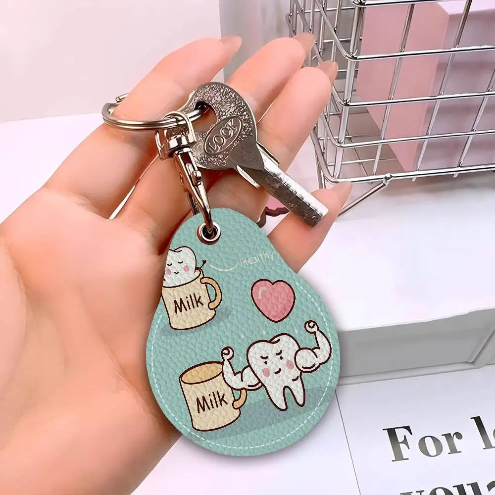 Dentist Dental Teeth Tooth Leather Access Card Holder, Water Drop Keychain, Bus Card Elevator Induction Protective Cover