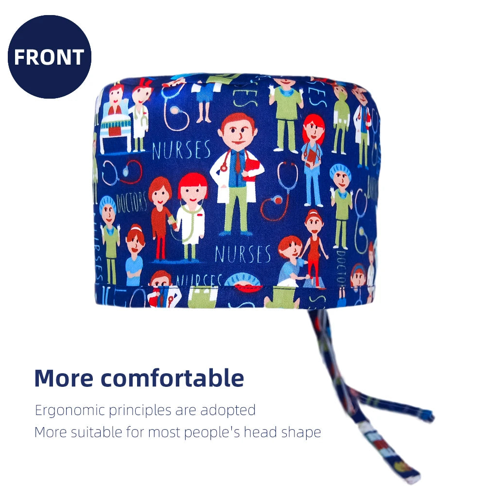 Unisex Dental Scrub cap Female male Colorful Teeth printed Cotton Breathable Dentist Working Hats Dentistry Clinic Surgical Caps