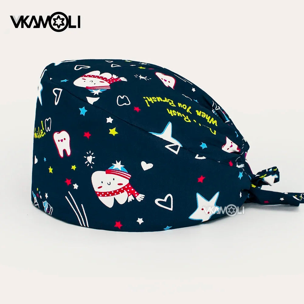 new unisex scrubs caps tooth printing cap adjustable size cotton sweat-absorbent elastic scrub hats Dental beauty dentist cap