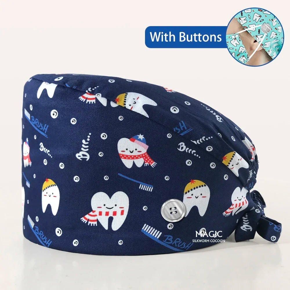 Tooth Printing Adjustable medical Hats Dental Hospital Scrubs Caps Unisex Tie Back Cartoon Scrubs Hats Health nursing Work Hats