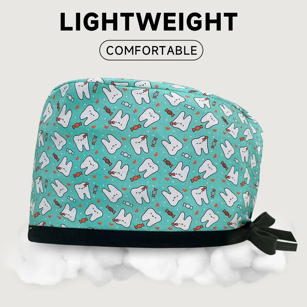 Unisex Pet Clinic Hats High Quality Tooth Print Dental Clinic Scrub Cap Breathable Medical Work Cap Cotton Nursing Hat Wholesale