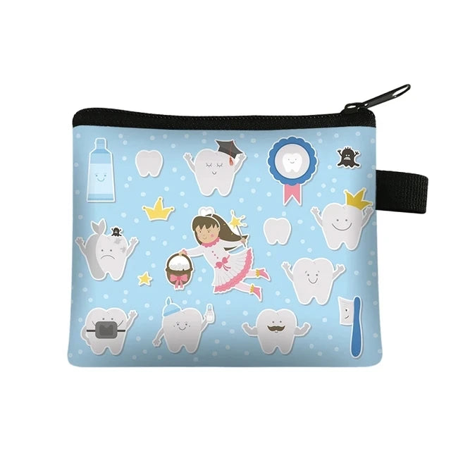 Cartoon Teeth Print Wallet Women Coin Purse Tooth Fairy Small Clutch Bag Candy Money Coin Bags Dental Clinic Mini Purses Gift