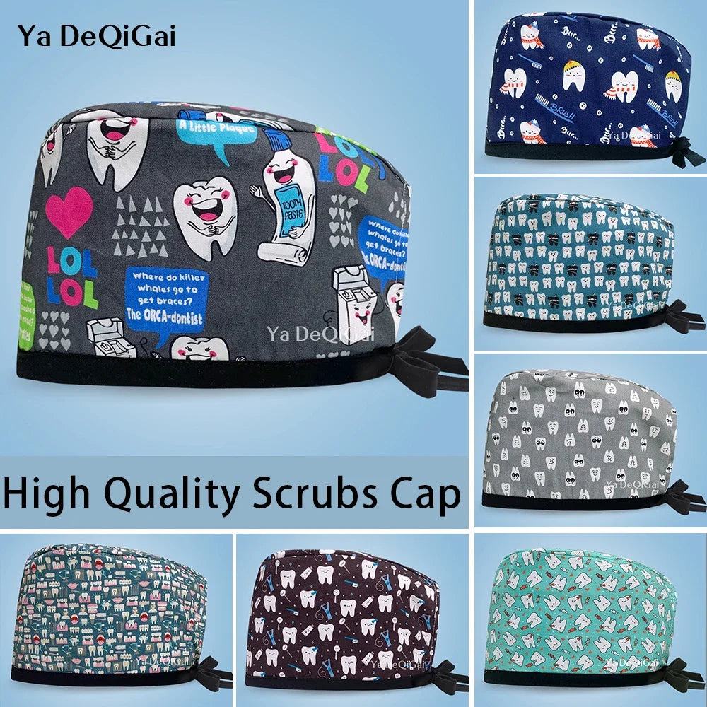 Unisex Pet Clinic Hats High Quality Tooth Print Dental Clinic Scrub Cap Breathable Medical Work Cap Cotton Nursing Hat Wholesale