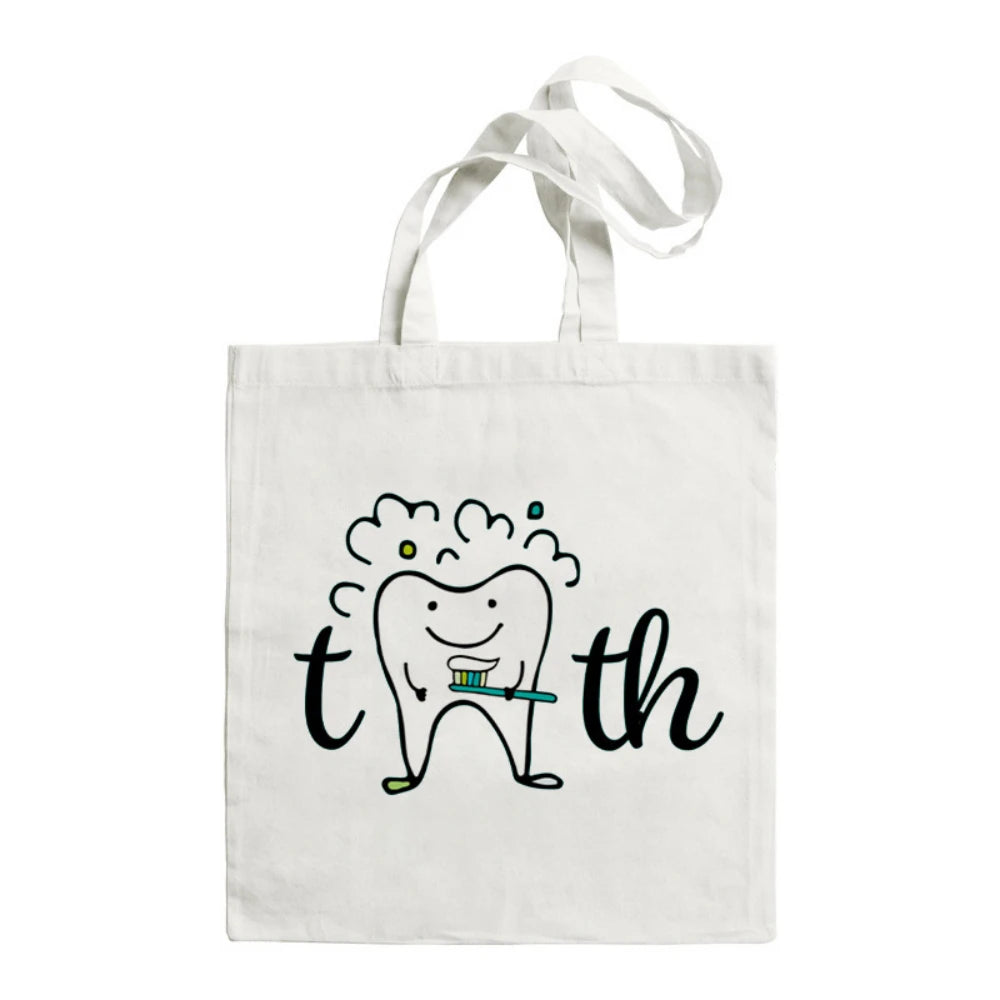 Cartoon Tooth Pattern Pattern Canvas Tote Bag - Dental Clinic Activity Gift Caring for Teeth Activity Bag Dentist Commut Handbag