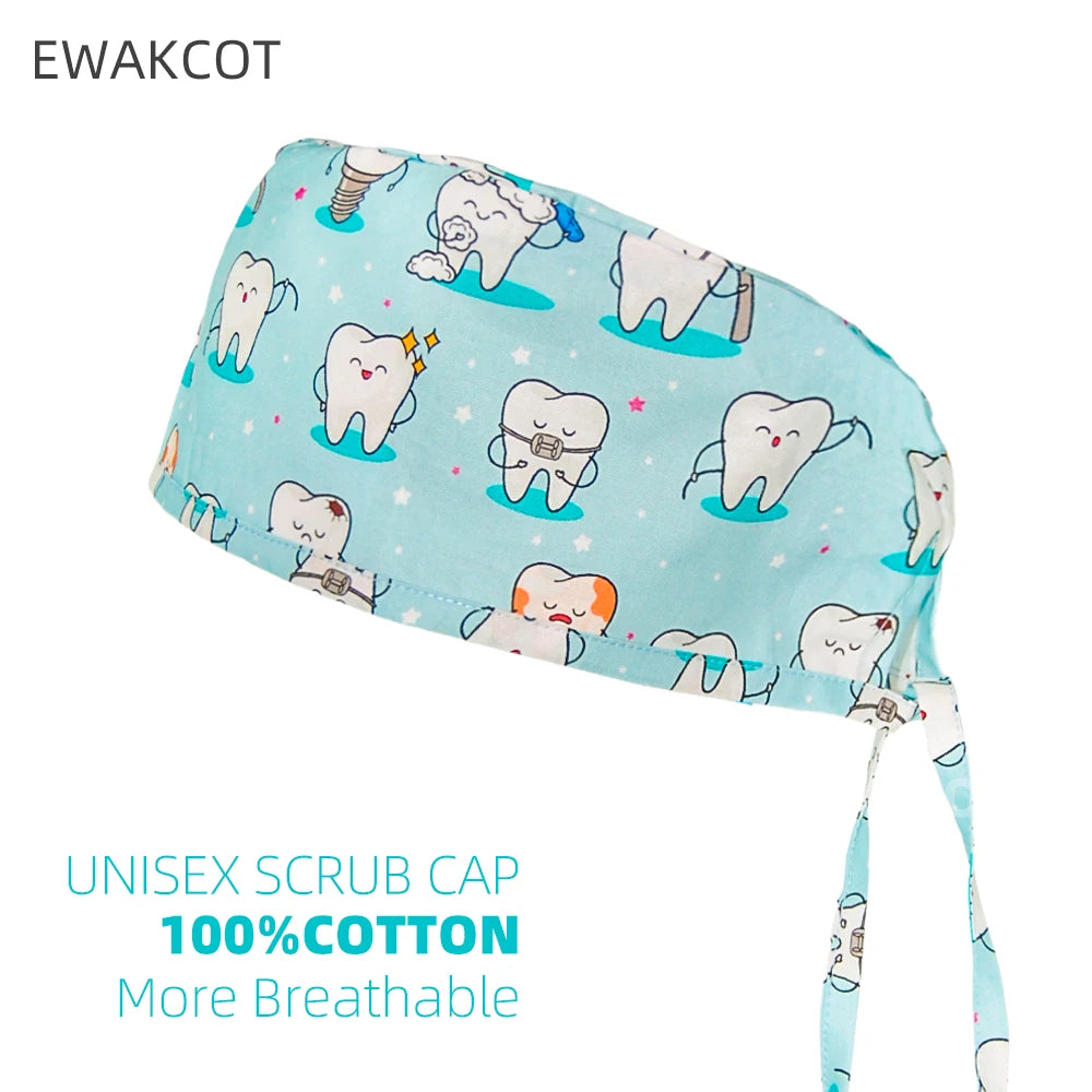 New Model surgical cap Cartoon Teeth print Dentist Clinic Dental Oral Care hat Nurse Doctor Nursing Hats Women men scrub caps