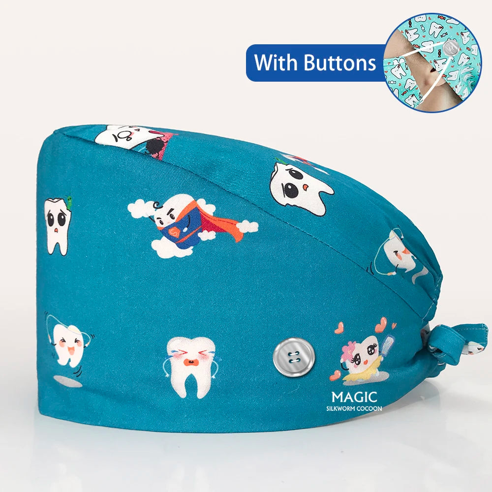Tooth Print Breathable Scrub Cap - Cotton Hat for Dental Professionals