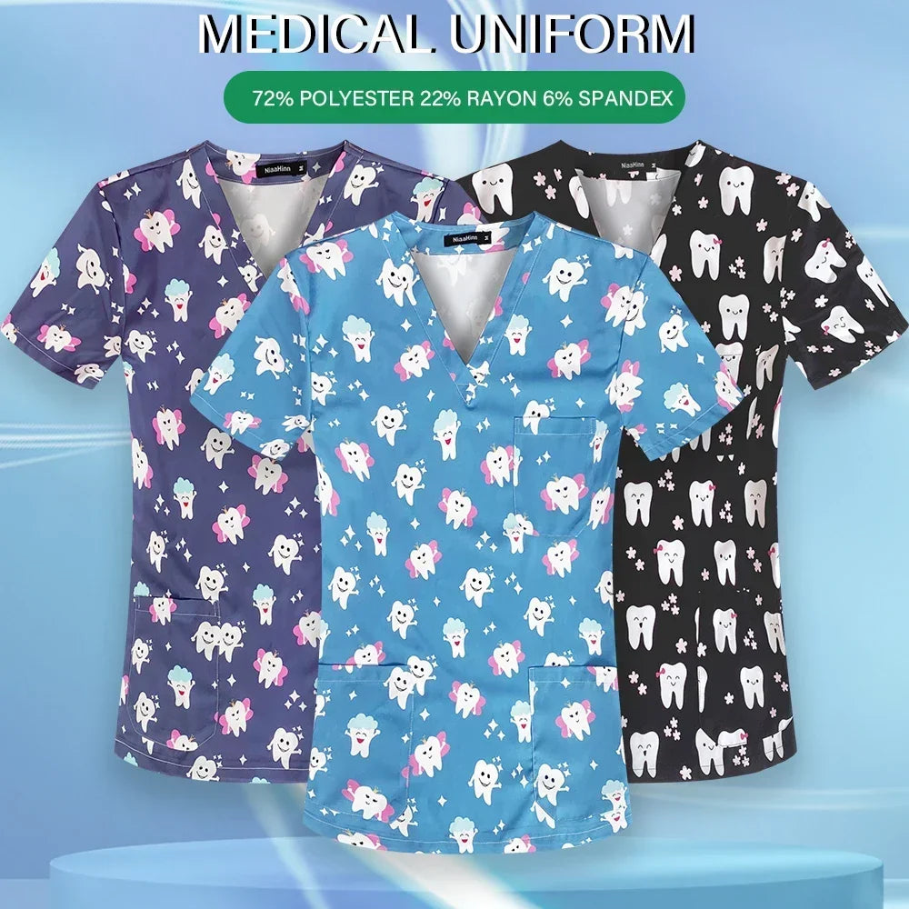 Men's Work Uniform Teeth Print Dentist Comfortable Short Sleeve Scrubs V-Neck Top Clinic Pharmacy Nursing Accessories Blouse New