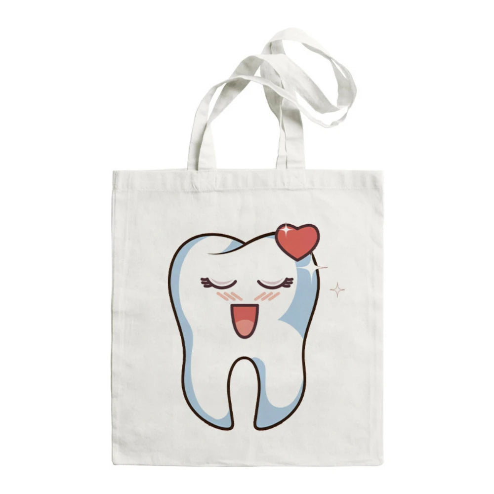 Cartoon Tooth Pattern Pattern Canvas Tote Bag - Dental Clinic Activity Gift Caring for Teeth Activity Bag Dentist Commut Handbag