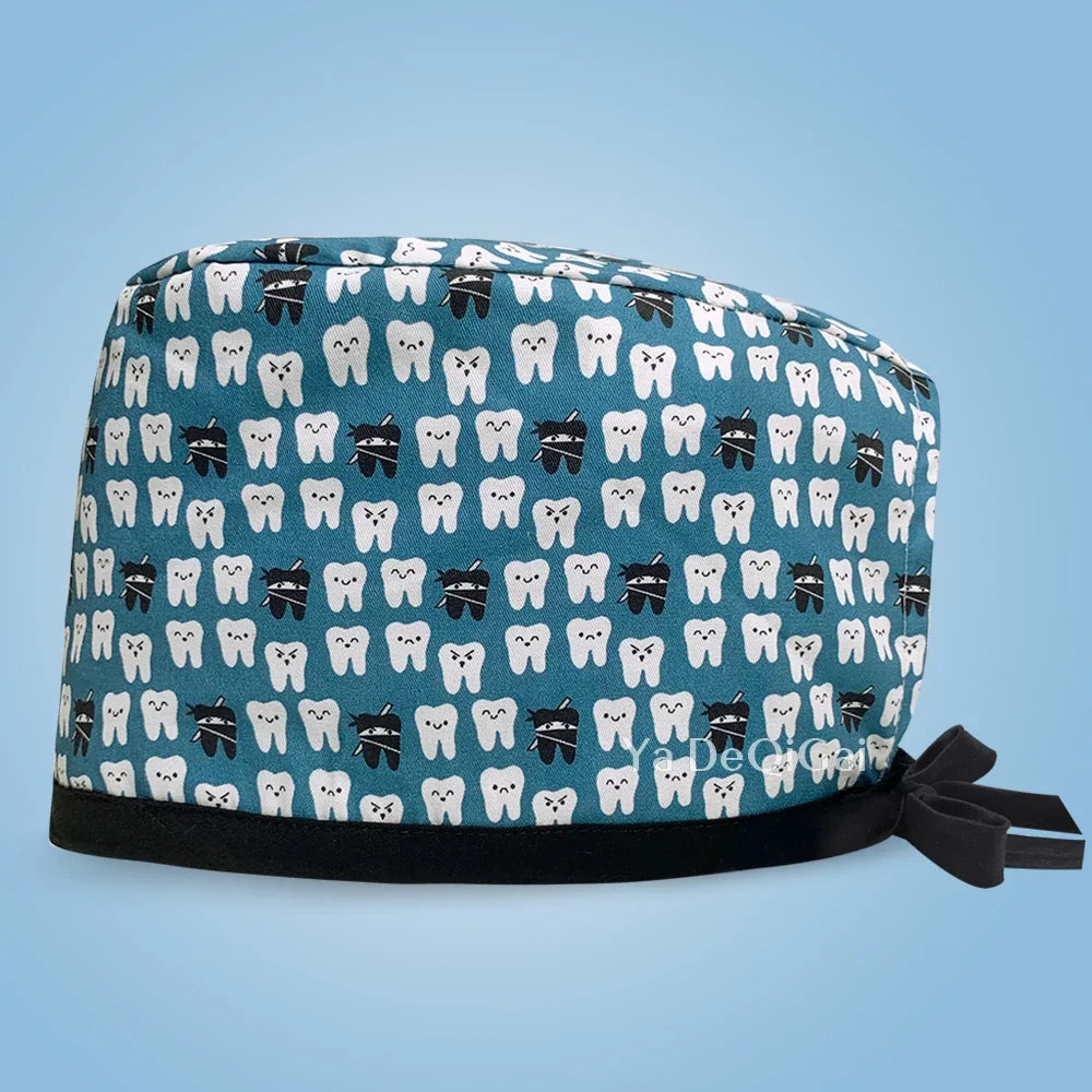 Unisex Pet Clinic Hats High Quality Tooth Print Dental Clinic Scrub Cap Breathable Medical Work Cap Cotton Nursing Hat Wholesale