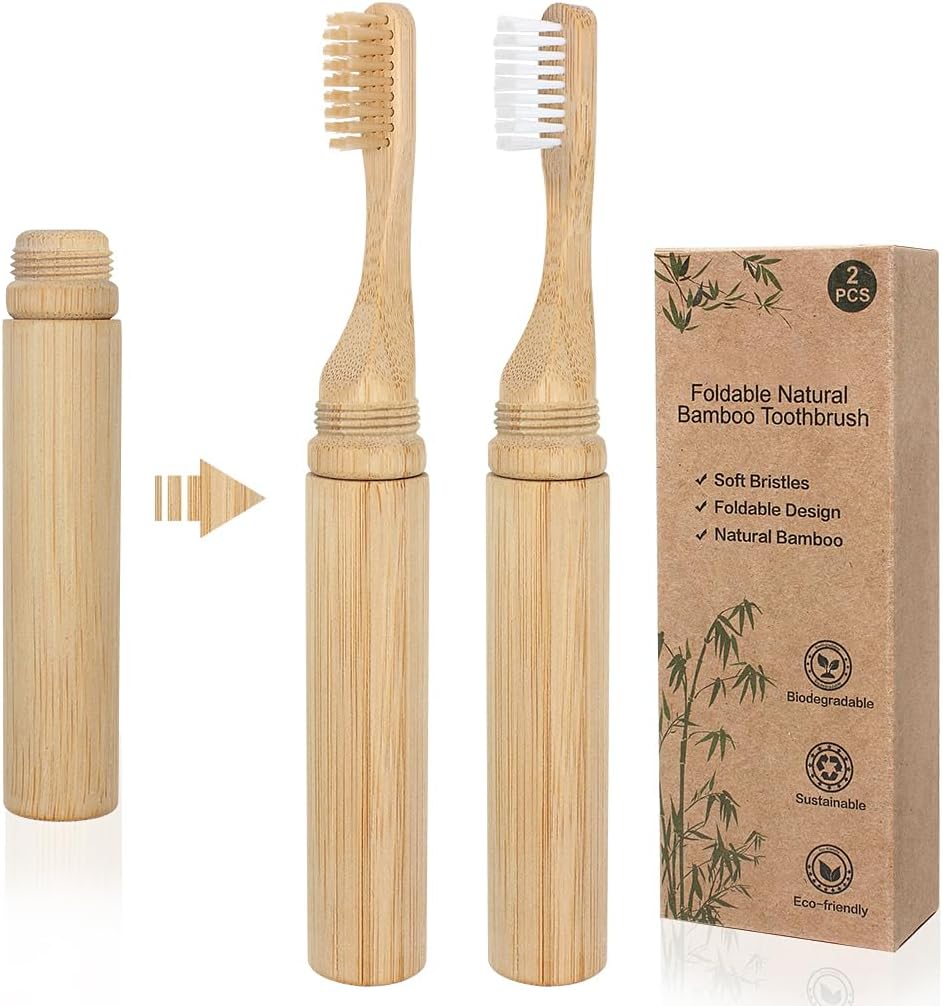 SWKJ Foldable Bamboo Toothbrushes | Soft Bristle | Travel-Ready | 2-Pack
