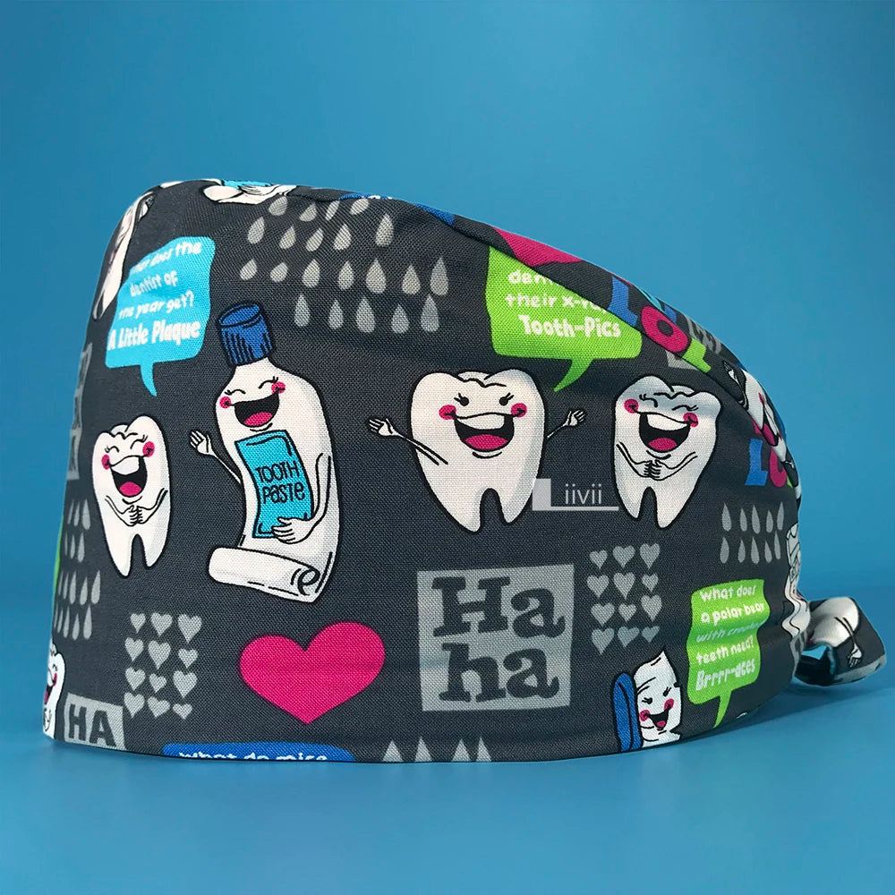 Tooth Print Scrub Cap - Breathable Cotton Nursing Hat for Dental Clinics