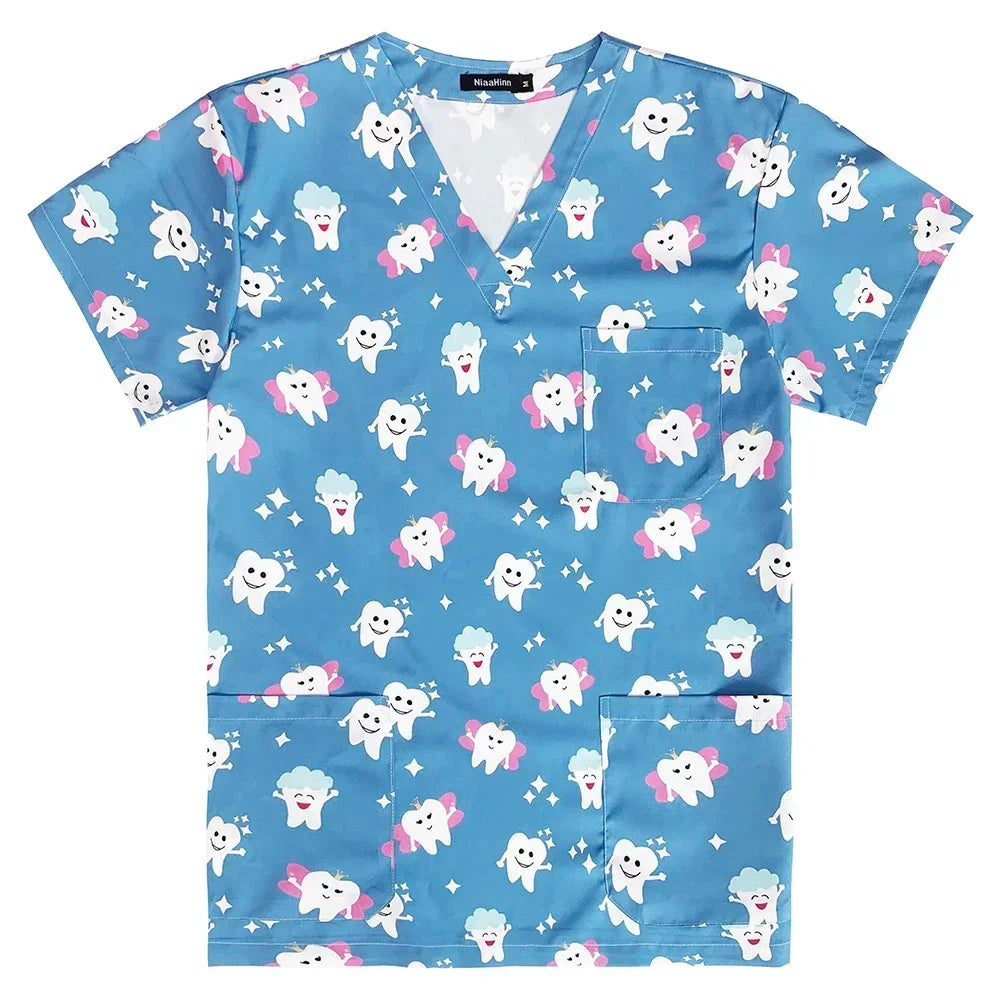 Men's Work Uniform Teeth Print Dentist Comfortable Short Sleeve Scrubs V-Neck Top Clinic Pharmacy Nursing Accessories Blouse New