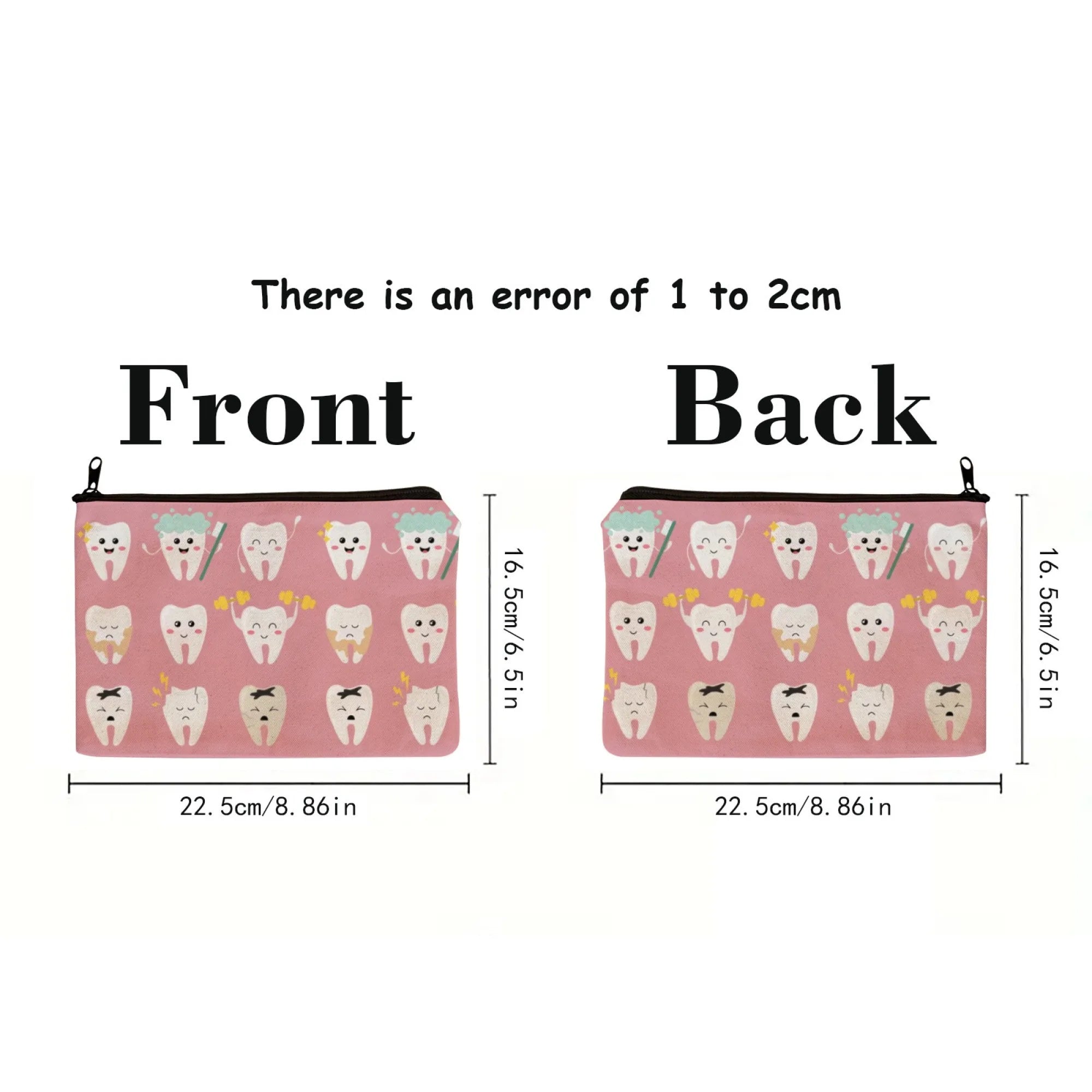 Lovely Playful Mischief Tooth Cosmetic Pouch Dental-Themed Cartoon Teeth with Funny Poses Zippered Makeup Bag for Daily Use