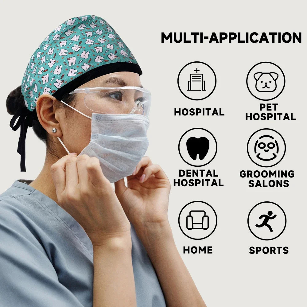 Unisex Pet Clinic Hats High Quality Tooth Print Dental Clinic Scrub Cap Breathable Medical Work Cap Cotton Nursing Hat Wholesale