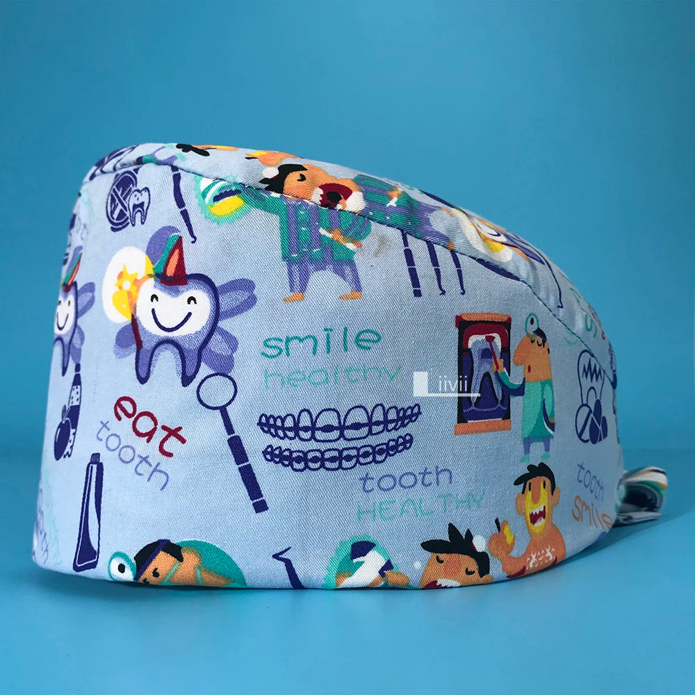 Tooth Print Scrub Cap - Breathable Cotton Nursing Hat for Dental Clinics