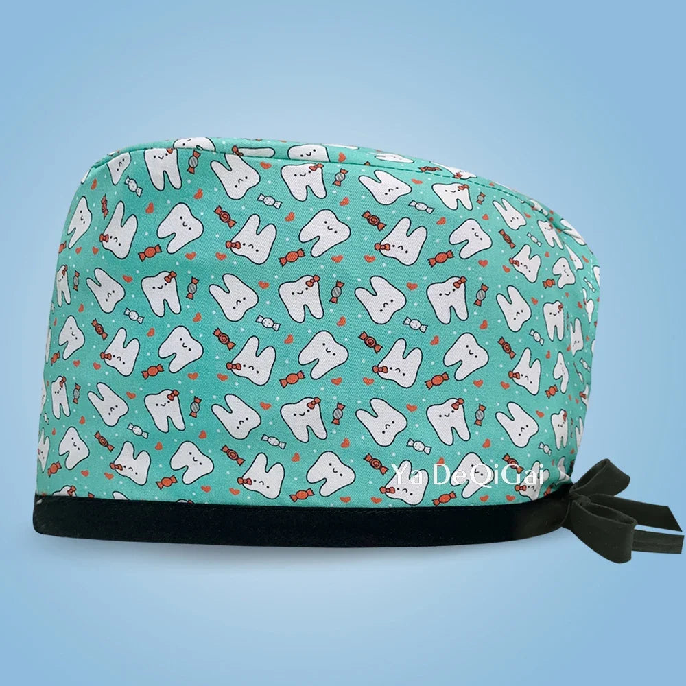 Unisex Pet Clinic Hats High Quality Tooth Print Dental Clinic Scrub Cap Breathable Medical Work Cap Cotton Nursing Hat Wholesale
