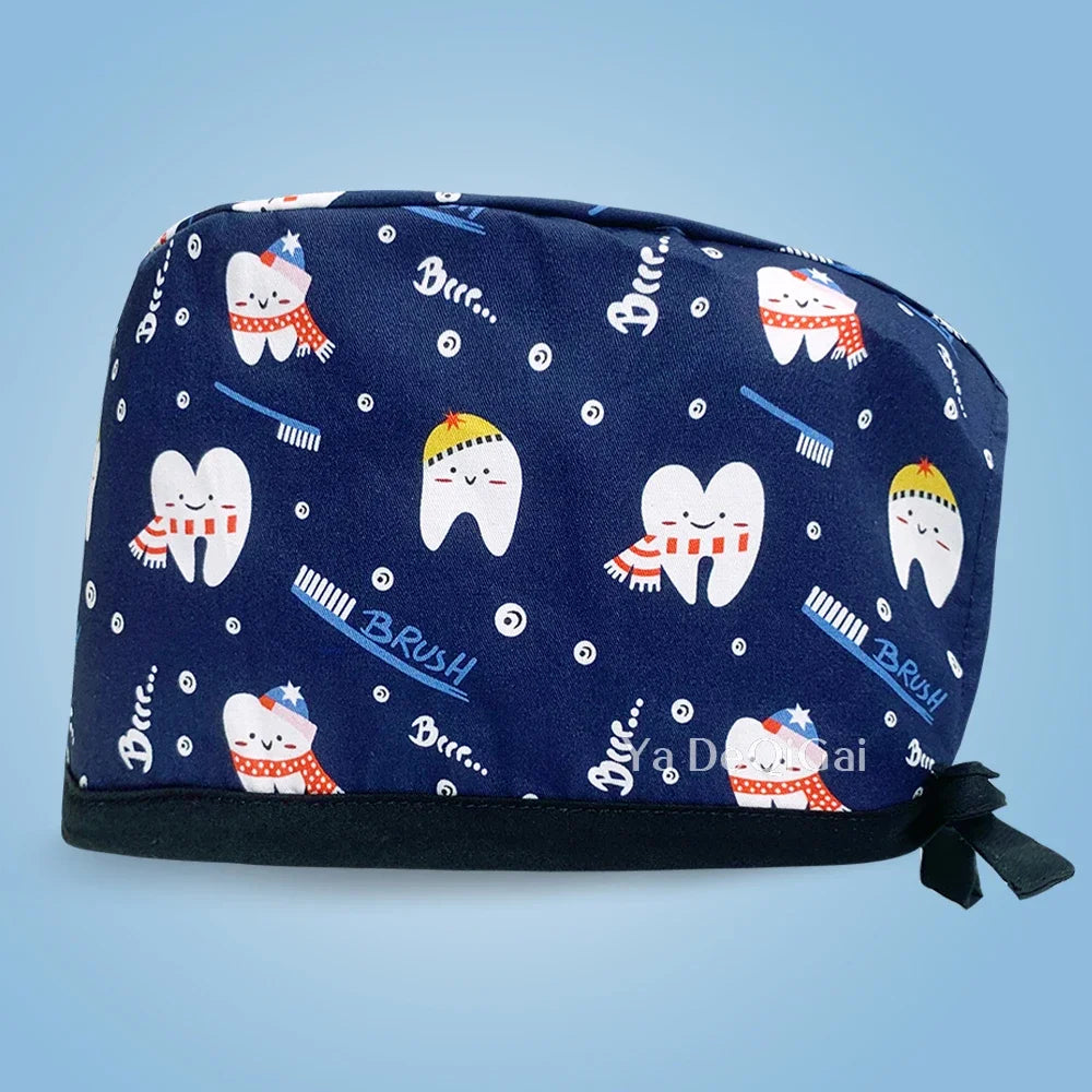 Unisex Pet Clinic Hats High Quality Tooth Print Dental Clinic Scrub Cap Breathable Medical Work Cap Cotton Nursing Hat Wholesale