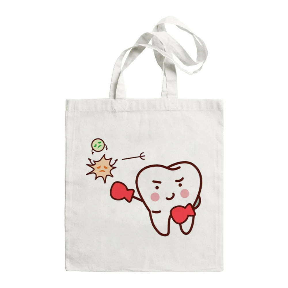Cartoon Tooth Pattern Pattern Canvas Tote Bag - Dental Clinic Activity Gift Caring for Teeth Activity Bag Dentist Commut Handbag