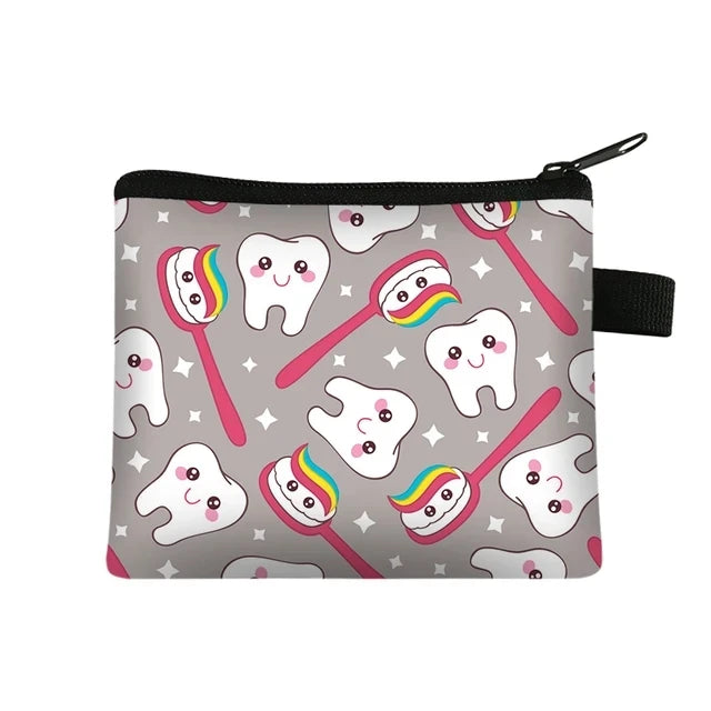 Cartoon Teeth Print Wallet Women Coin Purse Tooth Fairy Small Clutch Bag Candy Money Coin Bags Dental Clinic Mini Purses Gift