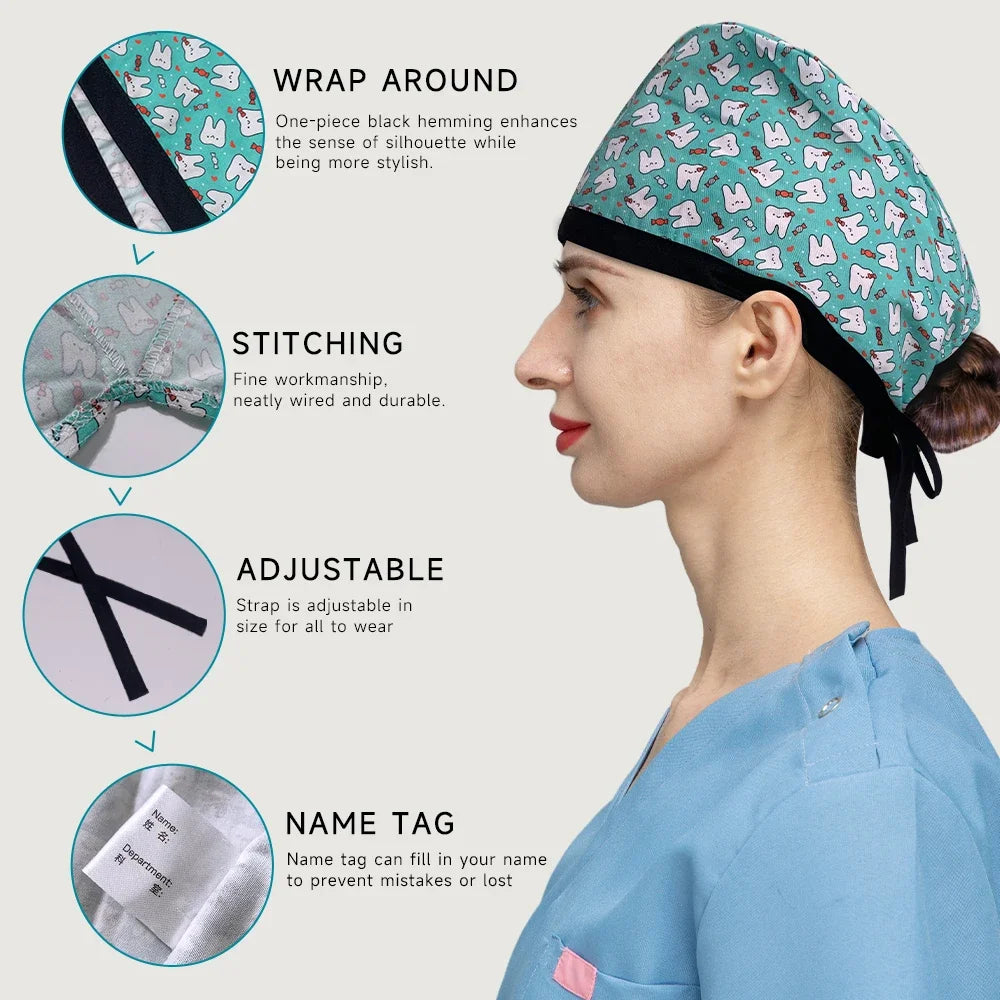 Unisex Pet Clinic Hats High Quality Tooth Print Dental Clinic Scrub Cap Breathable Medical Work Cap Cotton Nursing Hat Wholesale