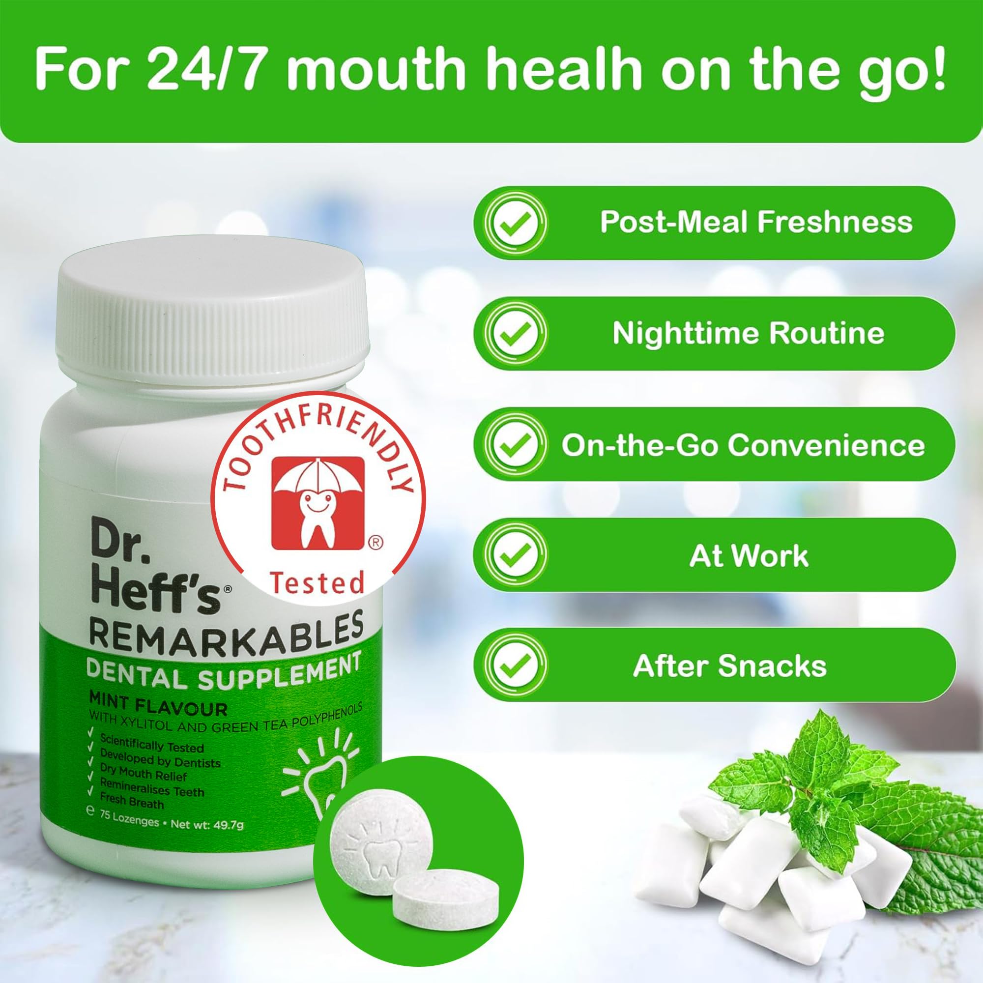 Dr. Heff's Remarkables Dental Mints | Xylitol & Green Tea | Peppermint
