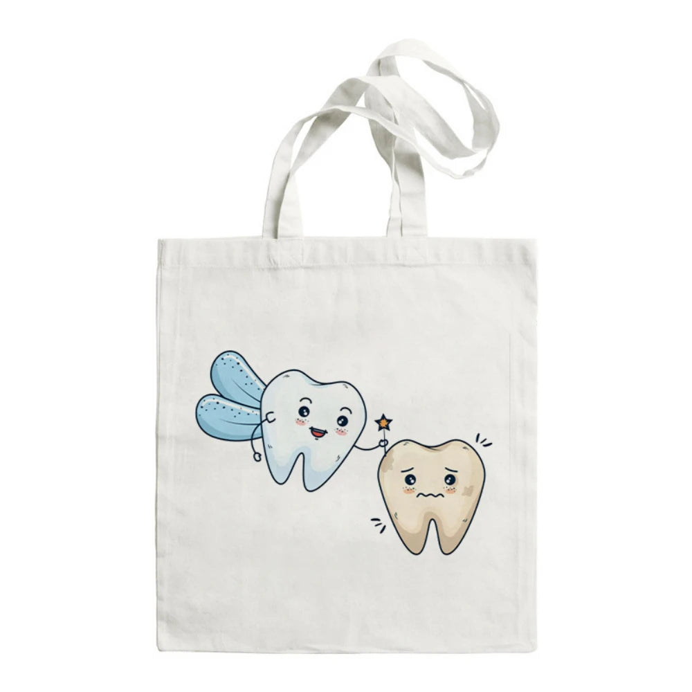 Cartoon Tooth Pattern Pattern Canvas Tote Bag - Dental Clinic Activity Gift Caring for Teeth Activity Bag Dentist Commut Handbag