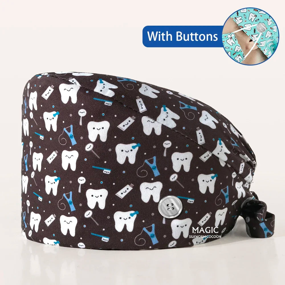 Tooth Printing Adjustable medical Hats Dental Hospital Scrubs Caps Unisex Tie Back Cartoon Scrubs Hats Health nursing Work Hats