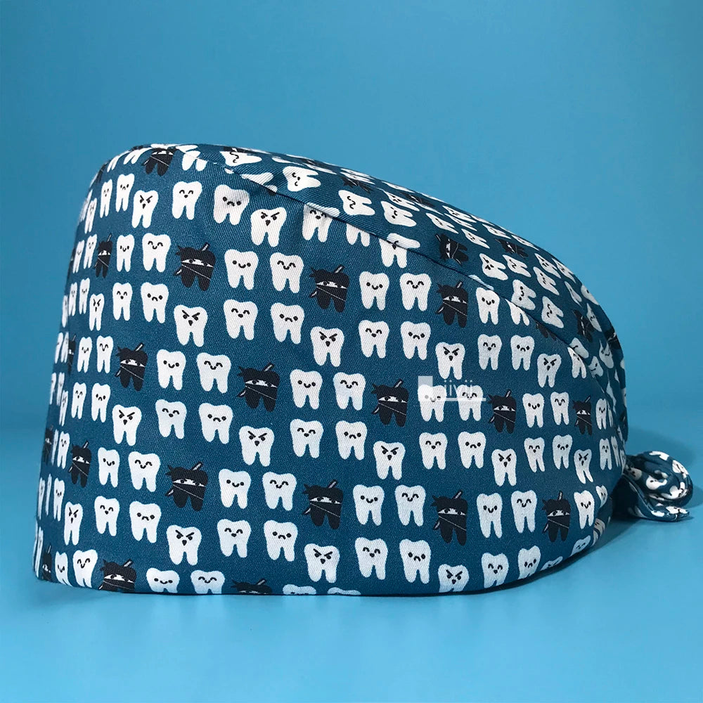 Tooth Print Scrub Cap - Breathable Cotton Nursing Hat for Dental Clinics