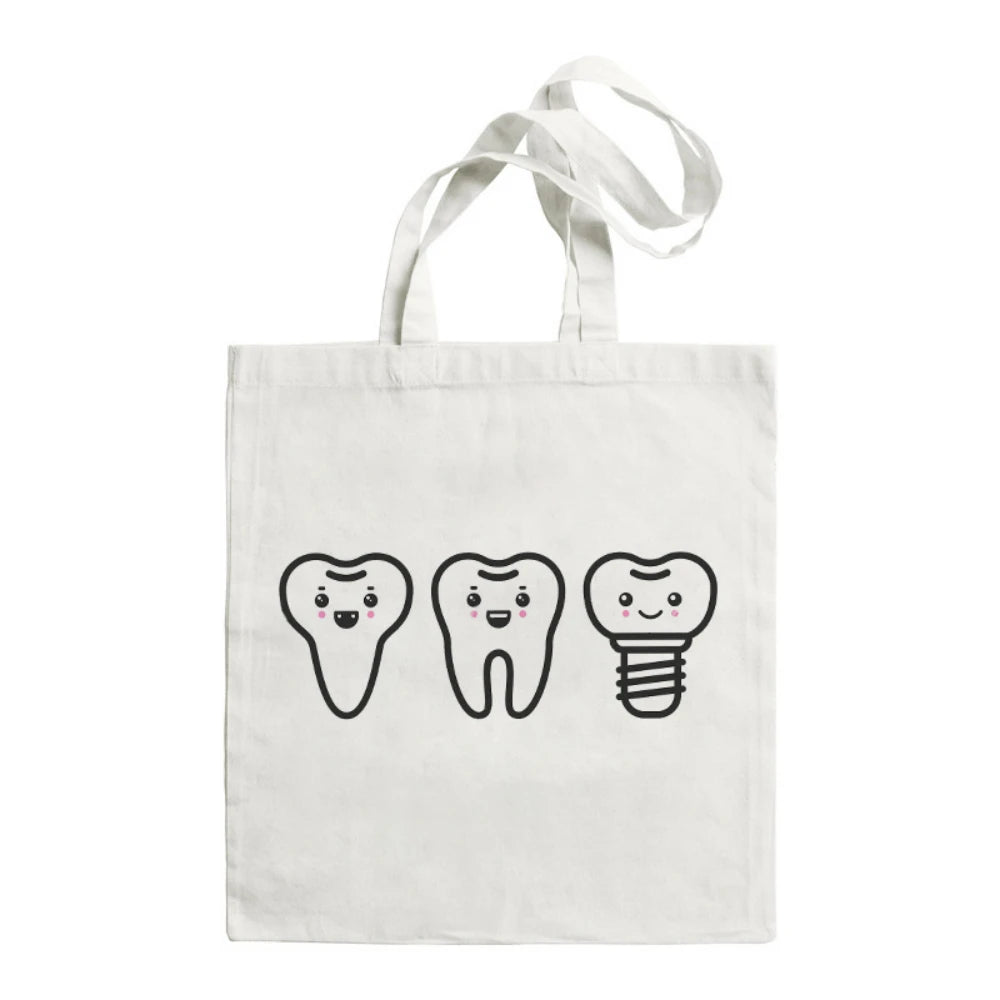 Cartoon Tooth Pattern Pattern Canvas Tote Bag - Dental Clinic Activity Gift Caring for Teeth Activity Bag Dentist Commut Handbag