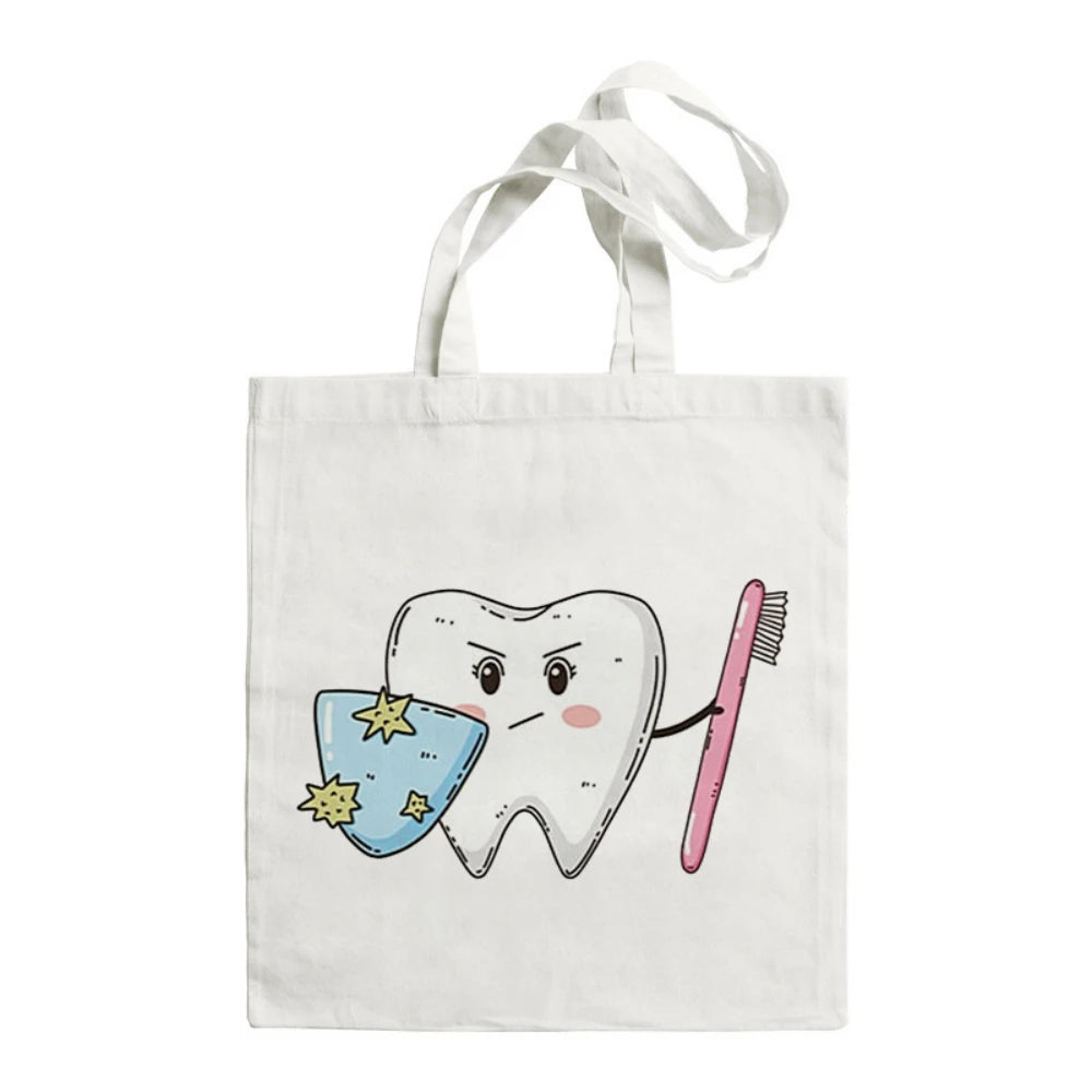 Cartoon Tooth Pattern Pattern Canvas Tote Bag - Dental Clinic Activity Gift Caring for Teeth Activity Bag Dentist Commut Handbag