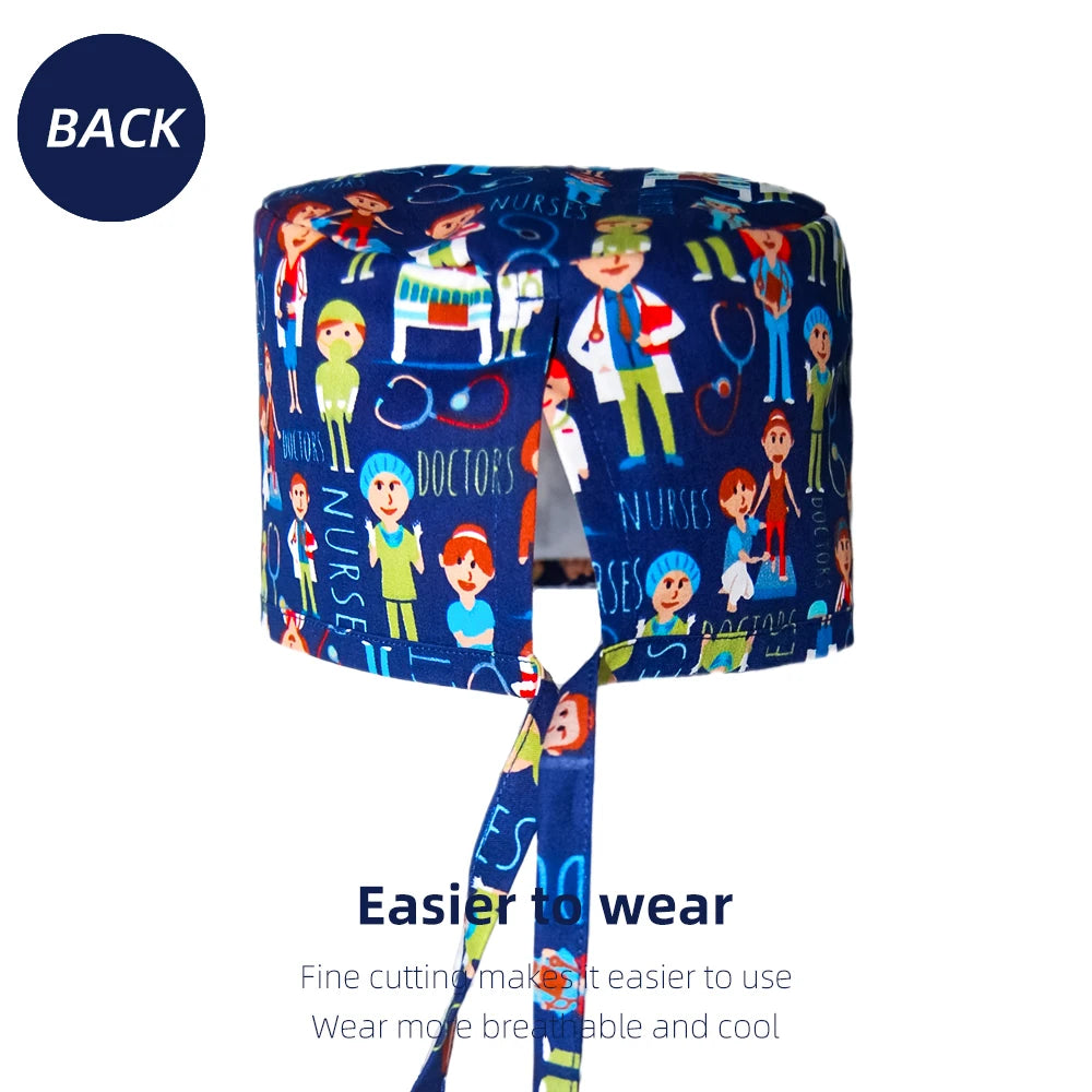 Unisex Dental Scrub cap Female male Colorful Teeth printed Cotton Breathable Dentist Working Hats Dentistry Clinic Surgical Caps