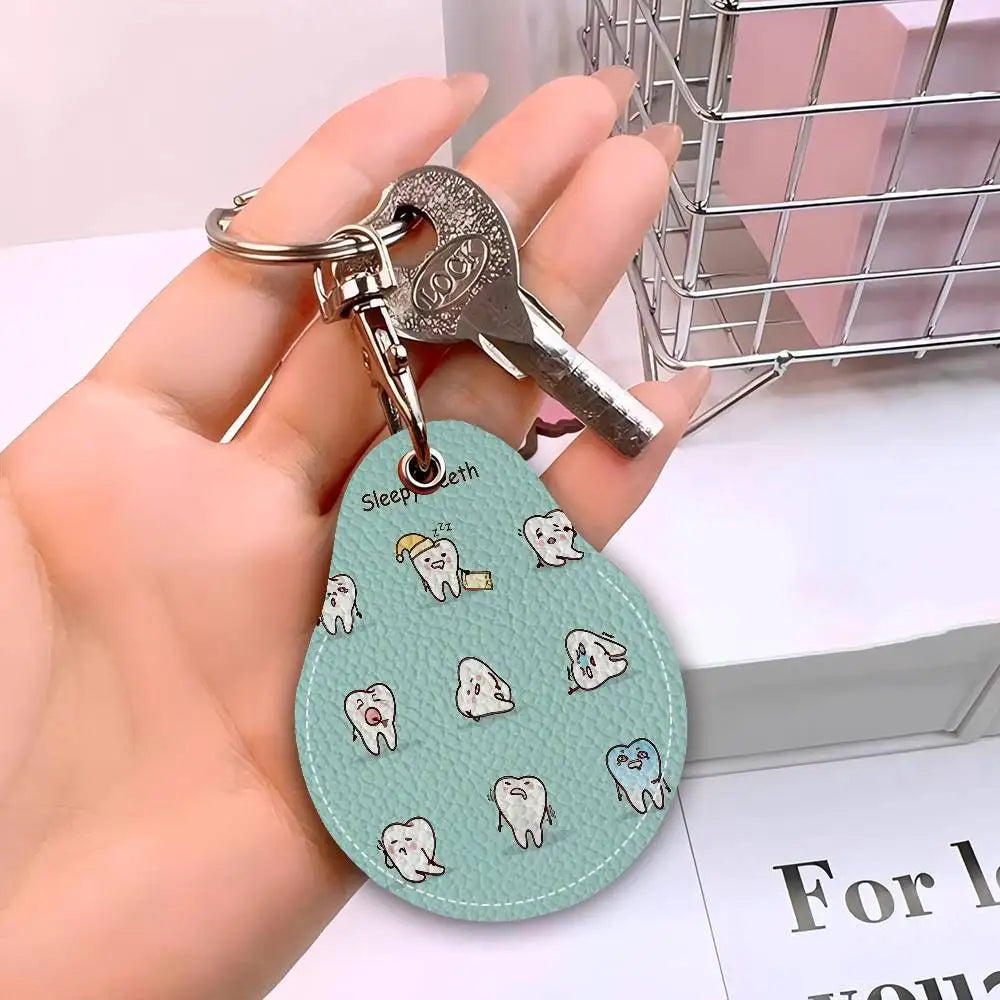 Dentist Dental Teeth Tooth Leather Access Card Holder, Water Drop Keychain, Bus Card Elevator Induction Protective Cover